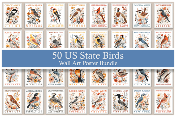 Download 50 US State Birds Wall Art Poster Bundle - Birds Collection