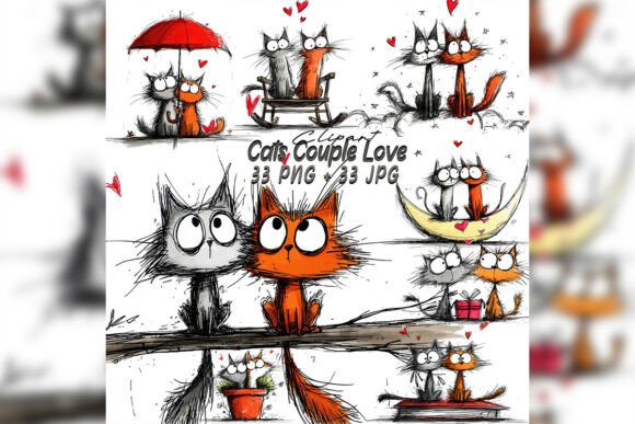 Download Whimsical Cat Couple Love Clipart Set - Premium Resources